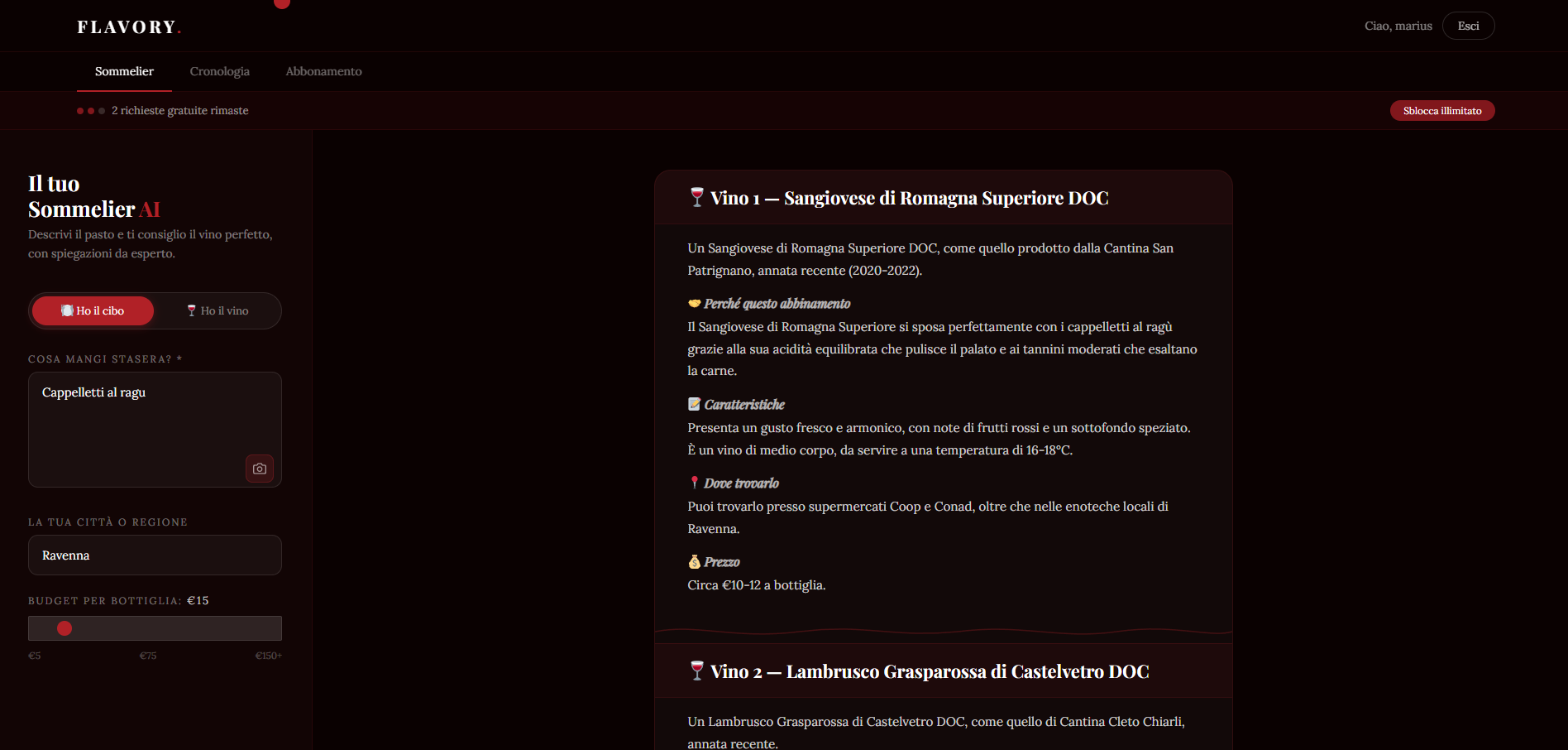 GPT-4o output showing wine recommendation with DOC appellation, pairing rationale, and local sourcing