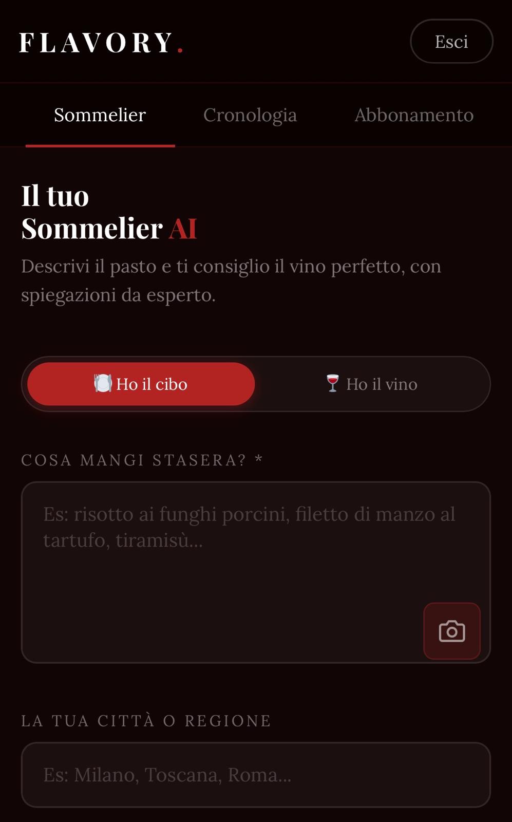 Mobile view of the AI Sommelier — Sommelier / Cronologia / Abbonamento tabs