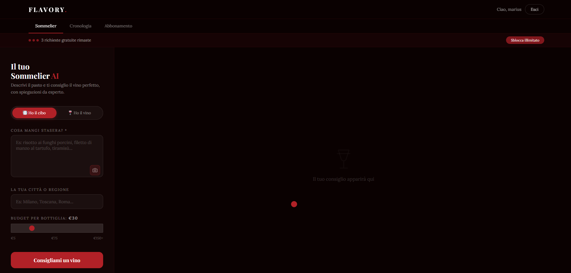 AI Sommelier dashboard — form with food/wine toggle, city input, budget slider