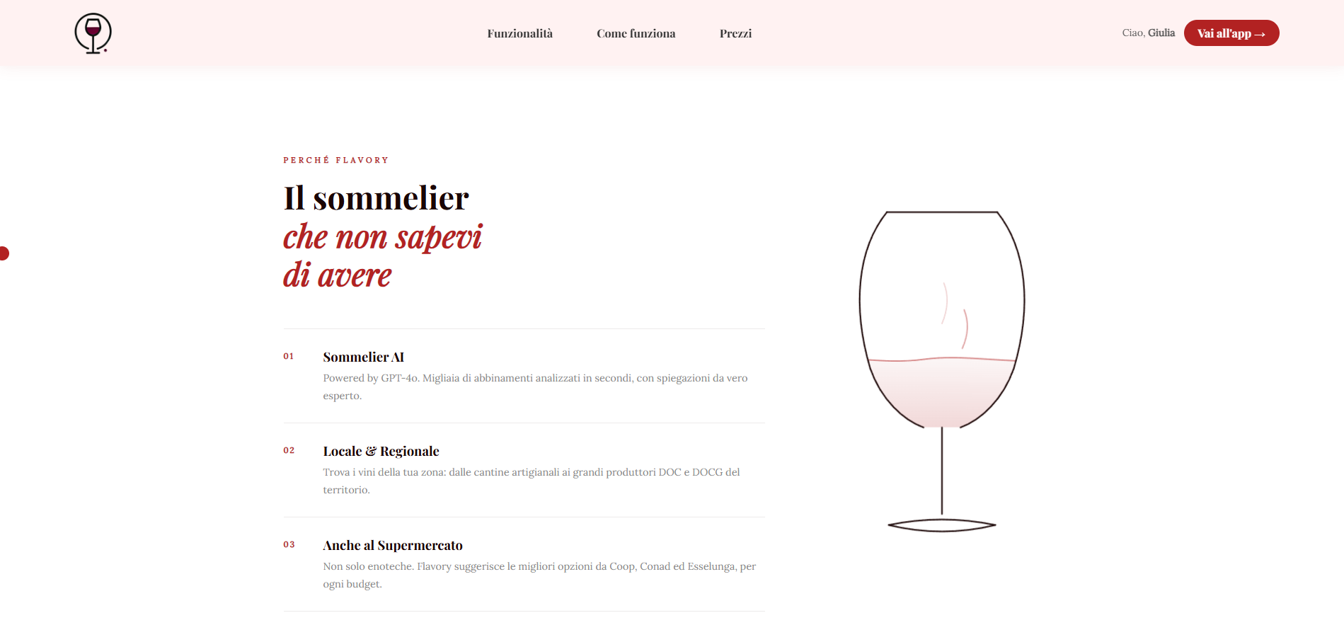Perché Flavory — feature list with AI sommelier, local and supermarket sections