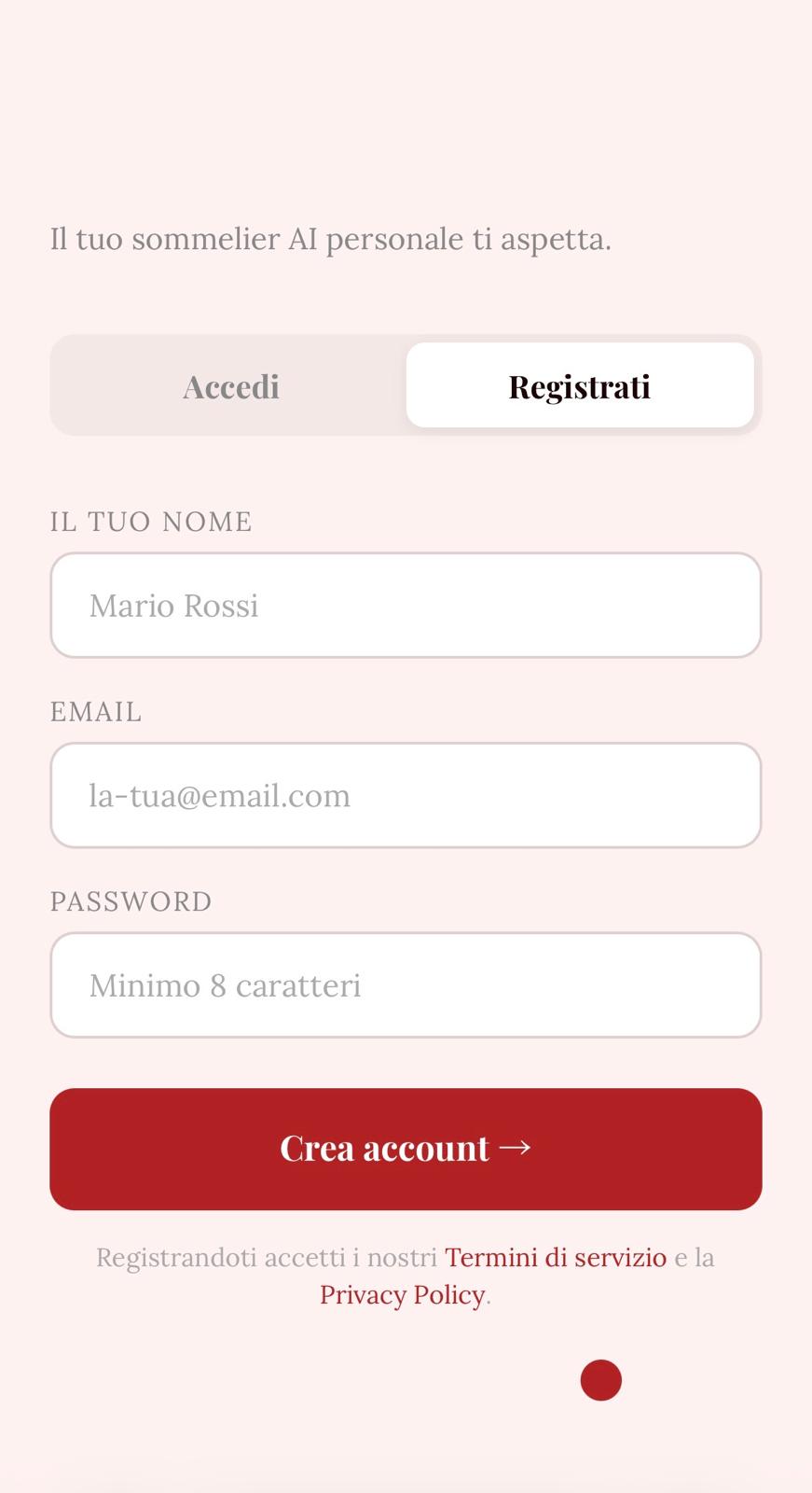 Mobile registration form — Accedi / Registrati