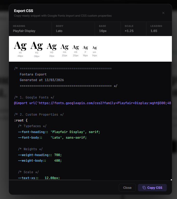 Fontara — Export CSS modal with syntax-highlighted snippet and type scale preview