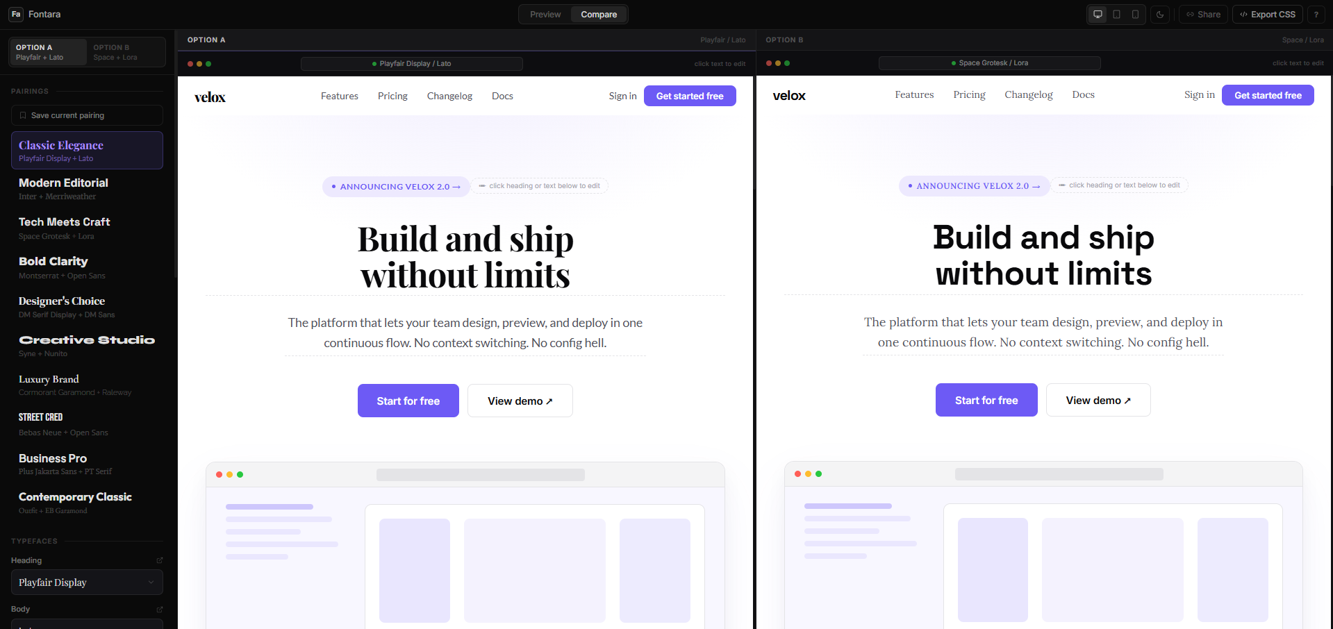 Fontara — compare mode showing two font pairings side by side