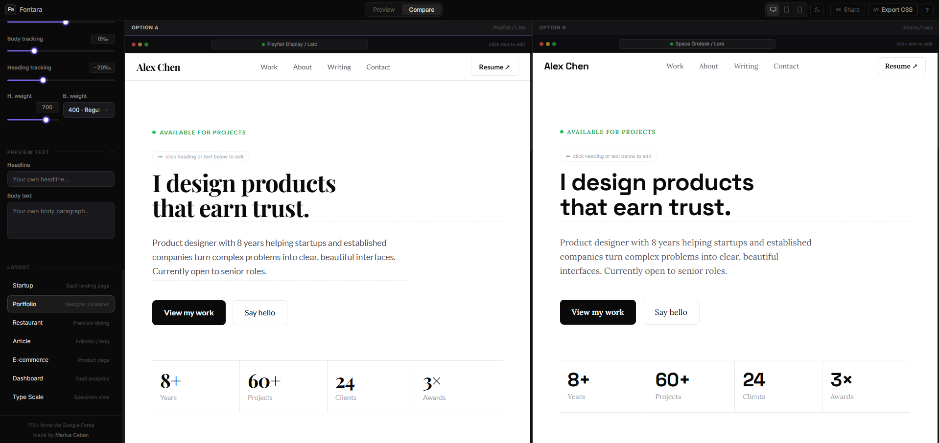 Fontara — portfolio layout showing heading and body font pairing on a case study page