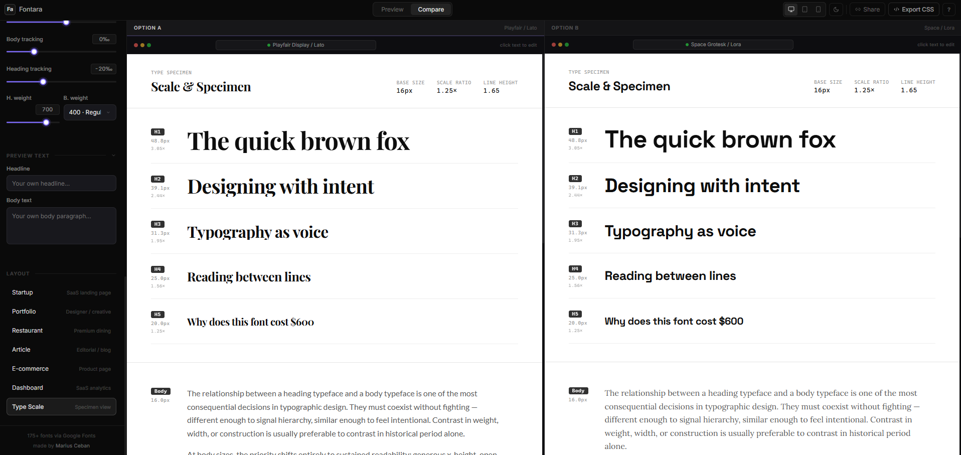 Fontara — TypeScale specimen showing H1 through small text at all sizes
