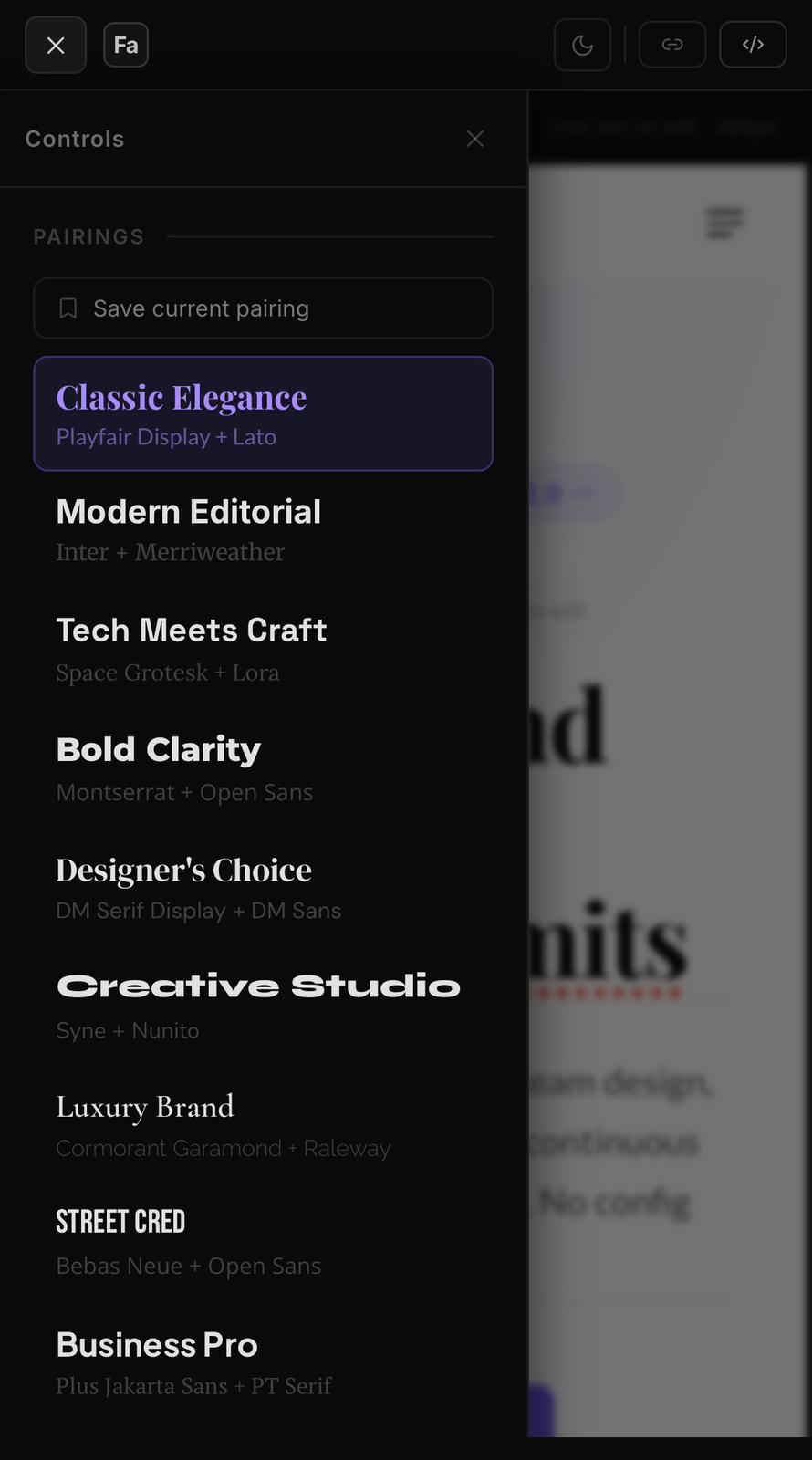 Fontara — mobile view with sidebar drawer and font preview